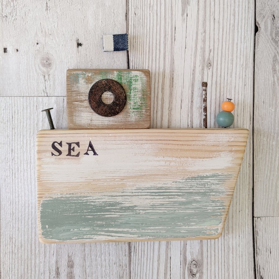 Large Rustic Wooden Boat Hanging 'SEA'