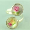Ladies Ring, Adjustable with 2 Yellow and Pink Flower Cabochons