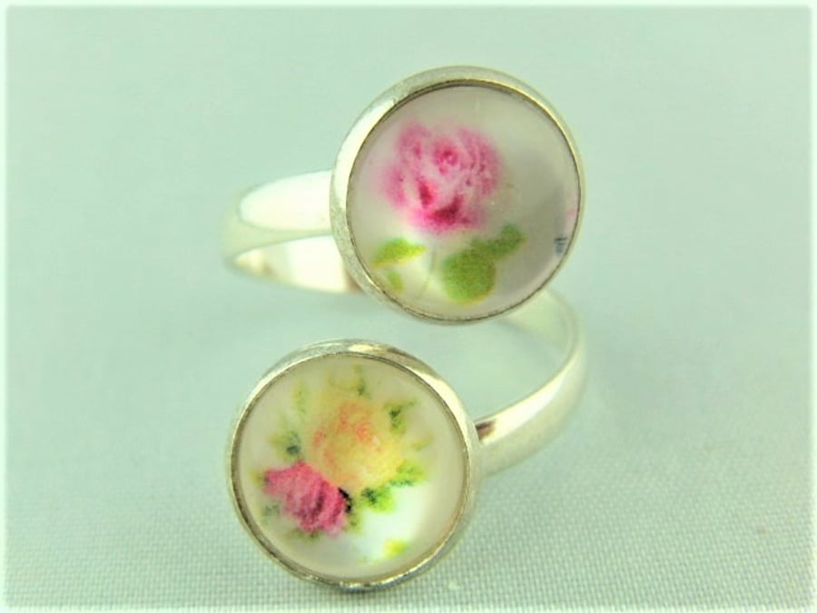 Ladies Ring, Adjustable with 2 Yellow and Pink Flower Cabochons