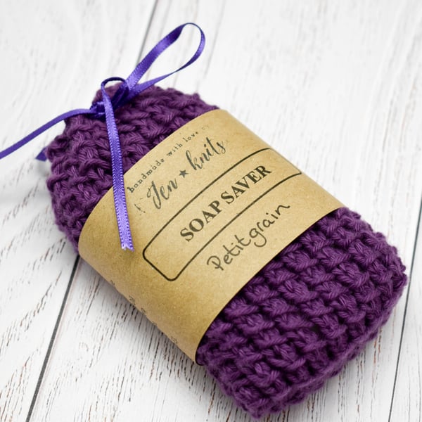 Hand knitted cotton soap saver - Purple - with Petitgrain soap