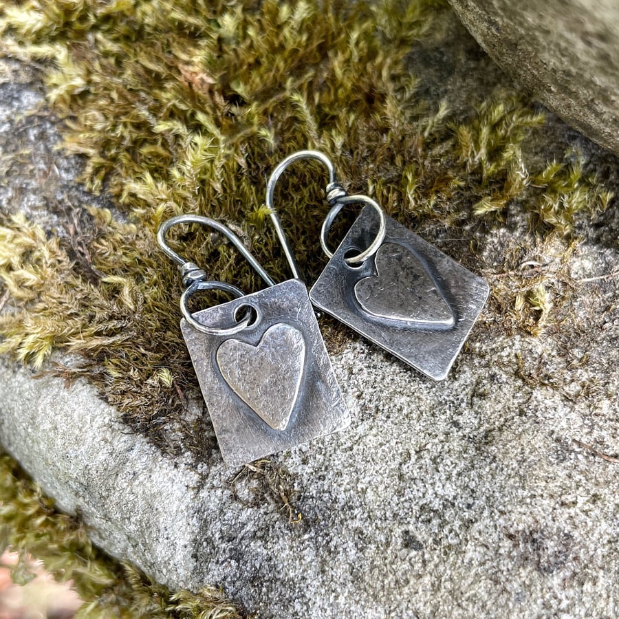 Oxidised sterling silver heart tag earrings