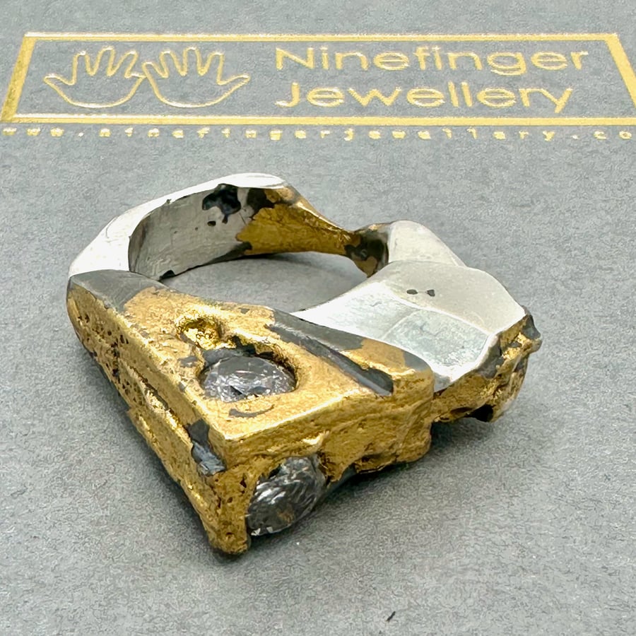 Hewn ring in Sterling silver, 24ct gold, and cubic zirconia gemstones