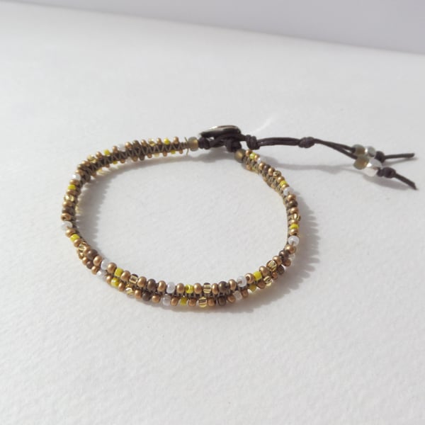 Gold Beige Khaki Beaded Bracelet, Macramé Cotton Bracelet