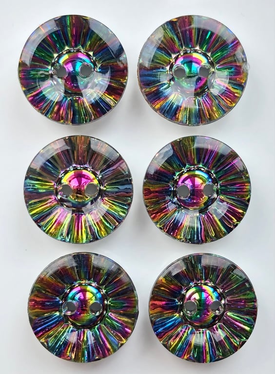 6 Crystal Style Dish Buttons, Multicoloured, 13mm, Sparkly, Acrylic, Silver Back