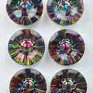 6 Crystal Style Dish Buttons, Multicoloured, 13mm, Sparkly, Acrylic, Silver Back