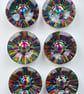 6 Crystal Style Dish Buttons, Multicoloured, 13mm, Sparkly, Acrylic, Silver Back