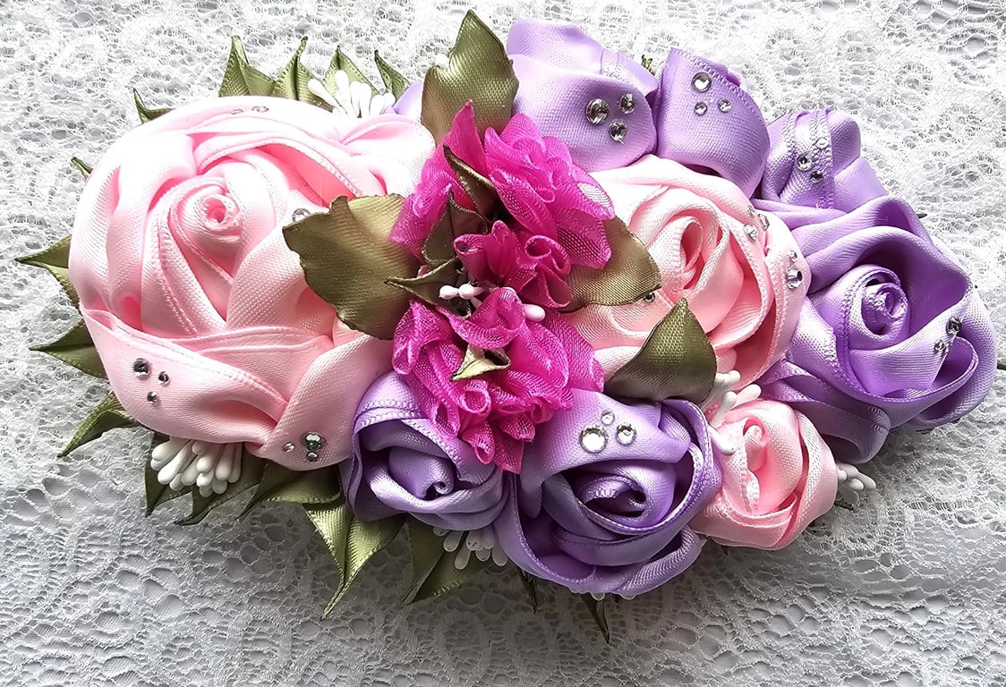 Handmade Satin Rose Flower Hair Clip with Scottish Thistle Accent
