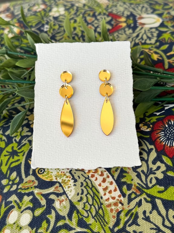 Gold Mirror Acrylic Triple Tier Drop Geometric Dangle Earrings