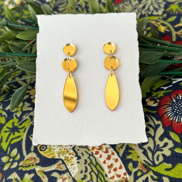 Gold Mirror Acrylic Triple Tier Drop Geometric Dangle Earrings