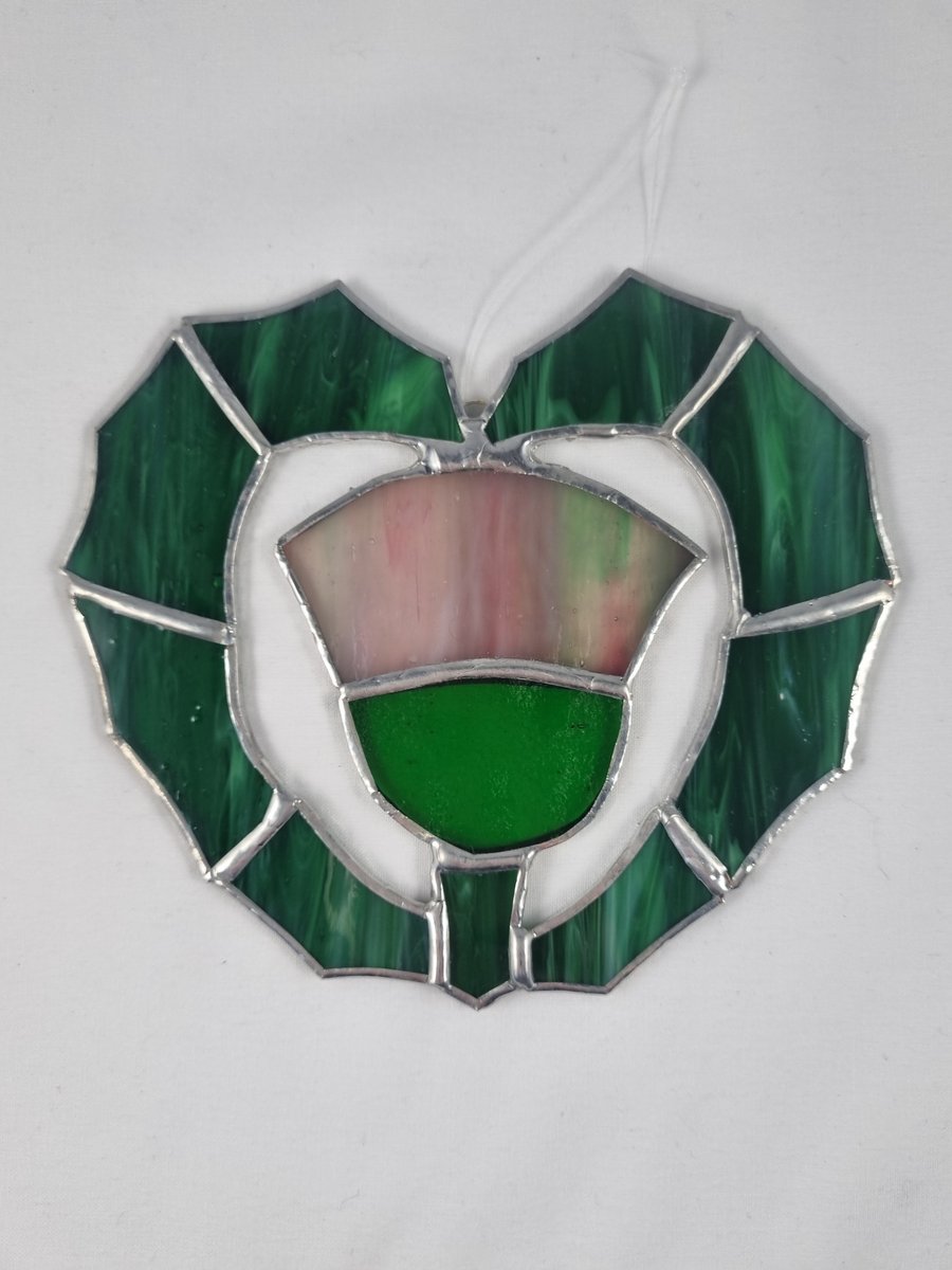 569 Stained Glass Heart Thistle - handmade hanging decoration.