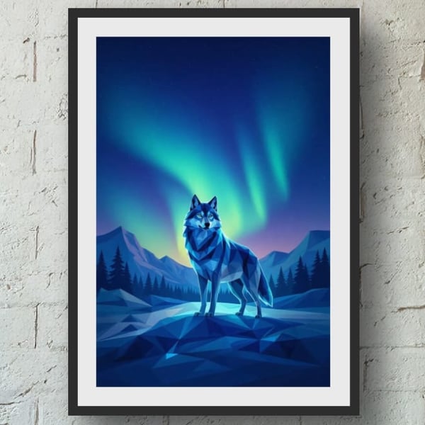 Aurora Borealis Wolf Wall Art – A4 or A3 Glossy Print