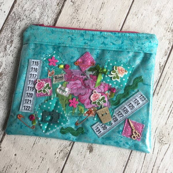 Sewing Collage Themed Vinyl Fronted Zipped Pouch