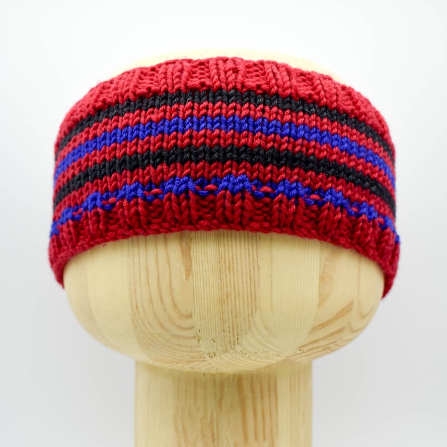 Hand Knitted striped headband ear warmers in red, blue and black adult large