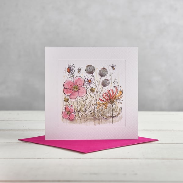 Honey Suckle and Poppy Seed Head Greetings Card