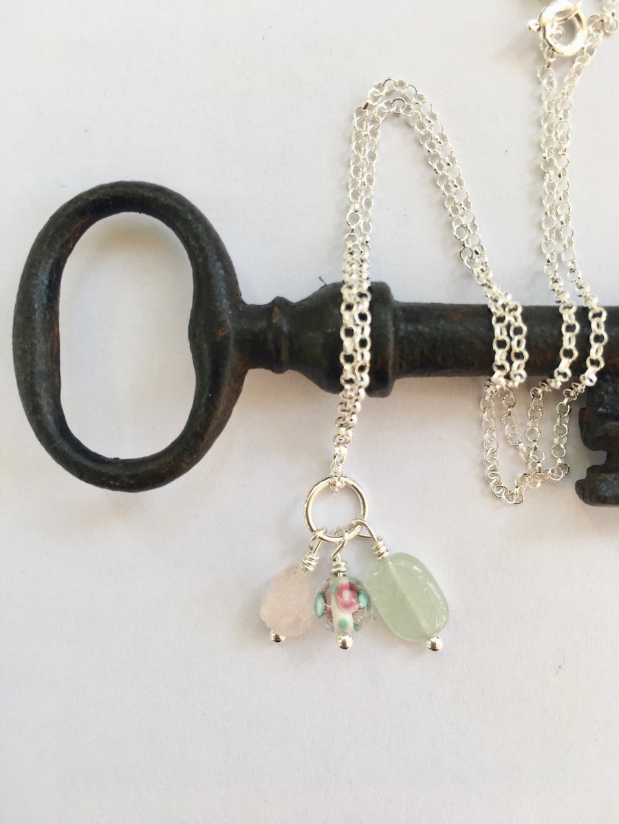 Semi-precious gemstone and flower bead charm cluster pendant
