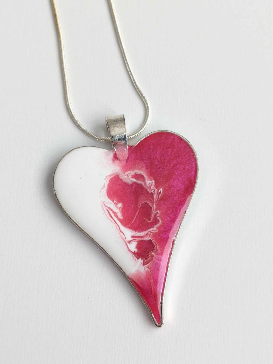 Dark Pink & White Large Resin Heart Pendant