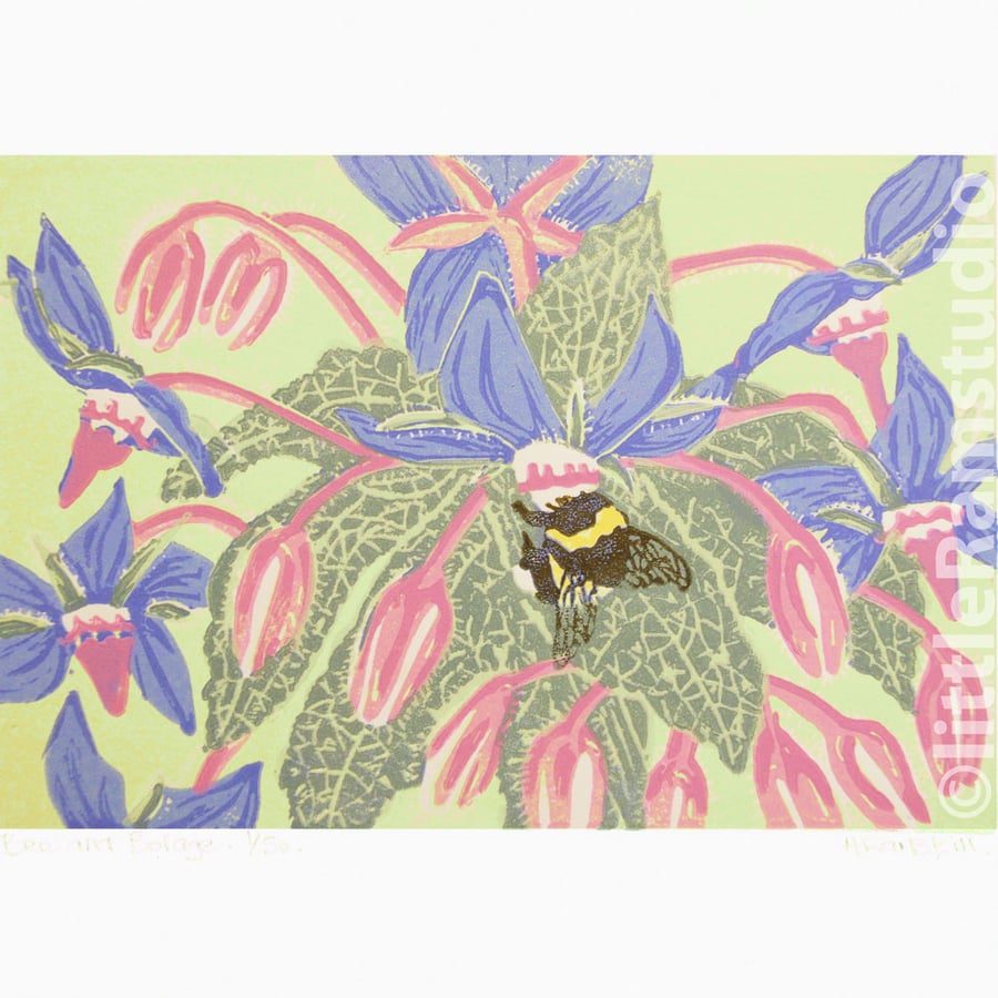 Bee and Borage Original Linocut Print