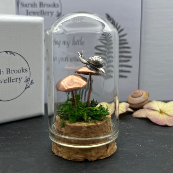 Handmade Nature Scene 1 Two Copper Mushrooms Toadstools And A Silver Snail