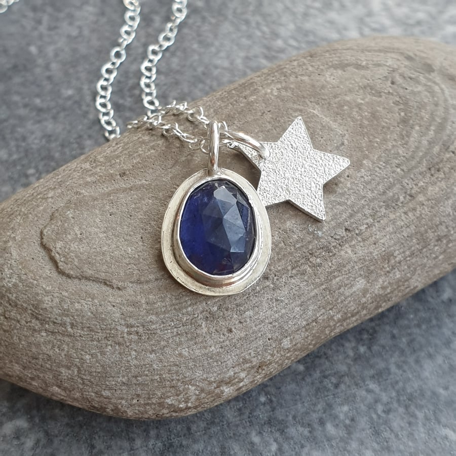 Iolite and silver star pendant, September birthstone, Celestial jewellery