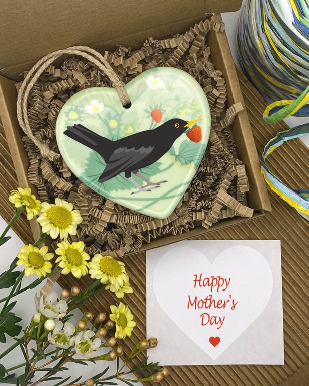 Blackbird 'Strawberry Thief' Hanging Decoration & Mothers Day Keepsake Gift
