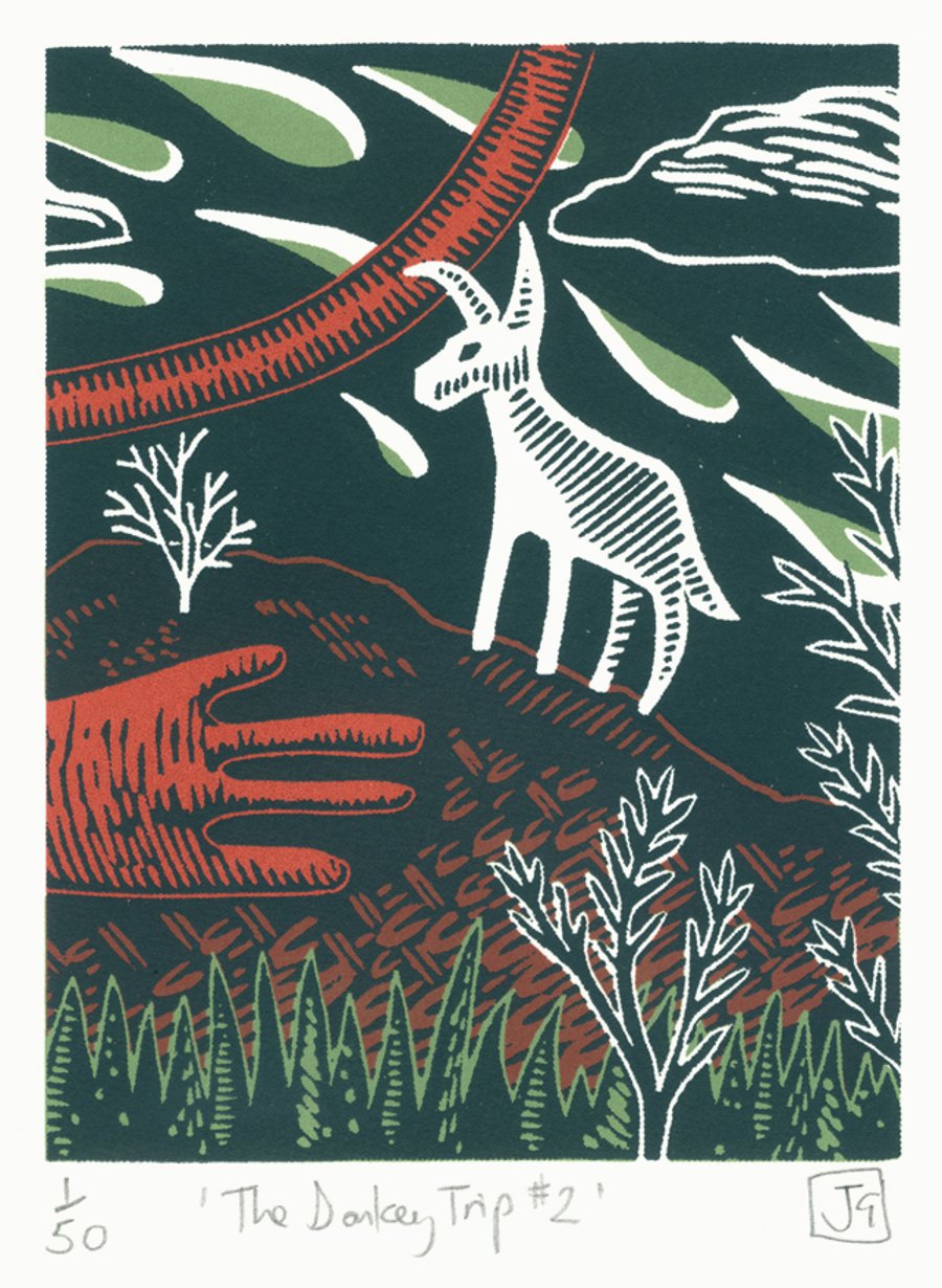 The Donkey Trip No.2 A5 three-colour linocut screen-print