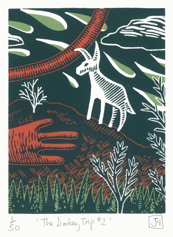 The Donkey Trip No.2 A5 three-colour linocut screen-print