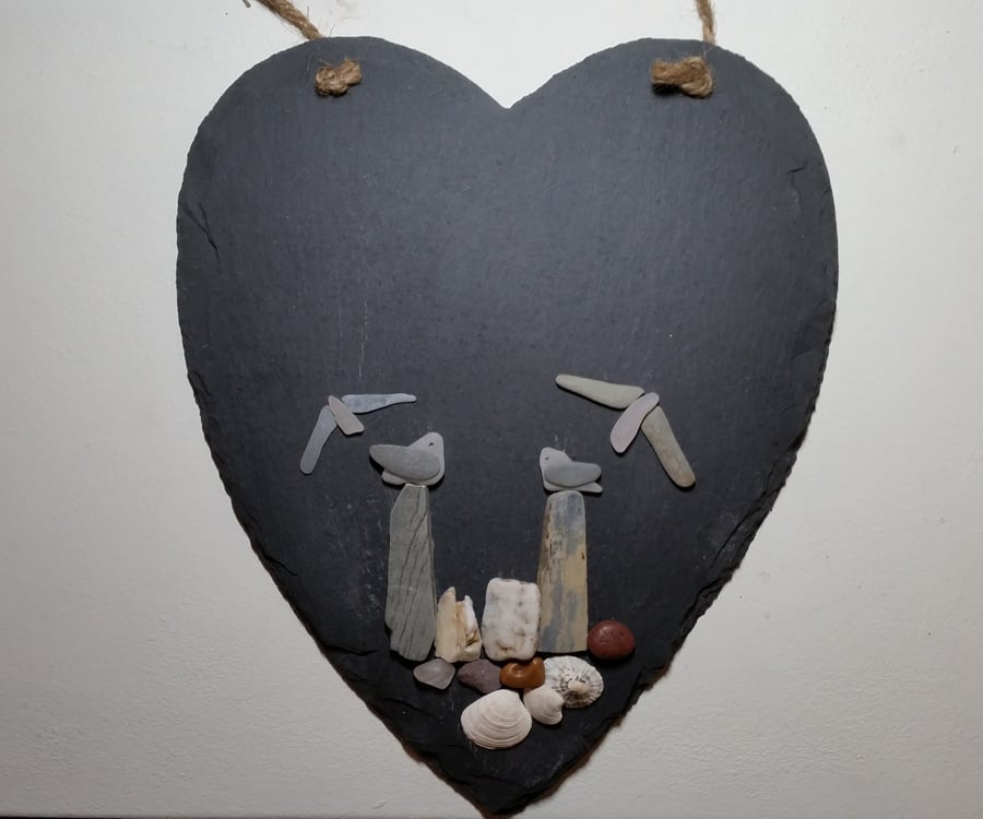 Slate Heart Decorated with Sea Glass Sea Gulls on Stone Posts. Unique Gift.