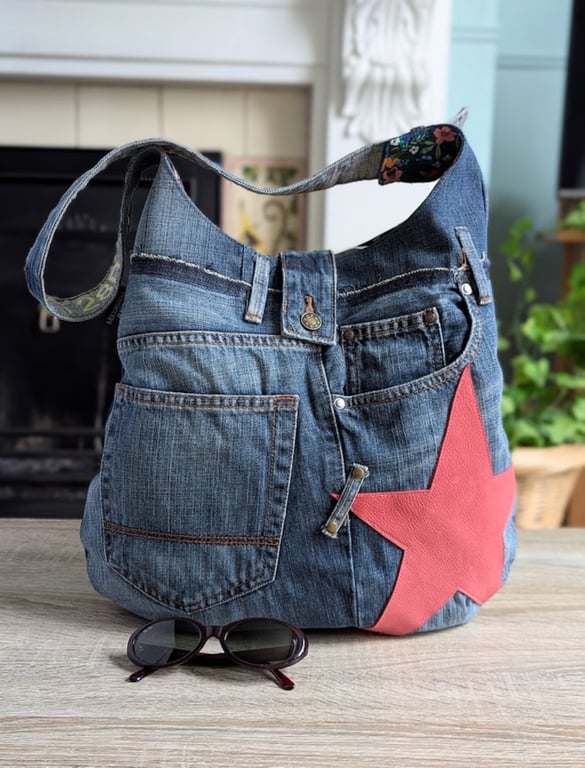 Large Upcycled Denim Shoulder Bag with Salmon Coloured Leather Star Motif