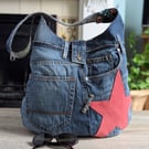 Large Upcycled Denim Shoulder Bag with Salmon Coloured Leather Star Motif
