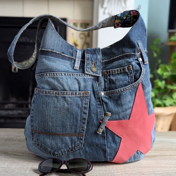 Large Upcycled Denim Shoulder Bag with Salmon Coloured Leather Star Motif