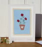 Hand-stitched applique red flowers in a pot with embroidered leaves  - Image 1