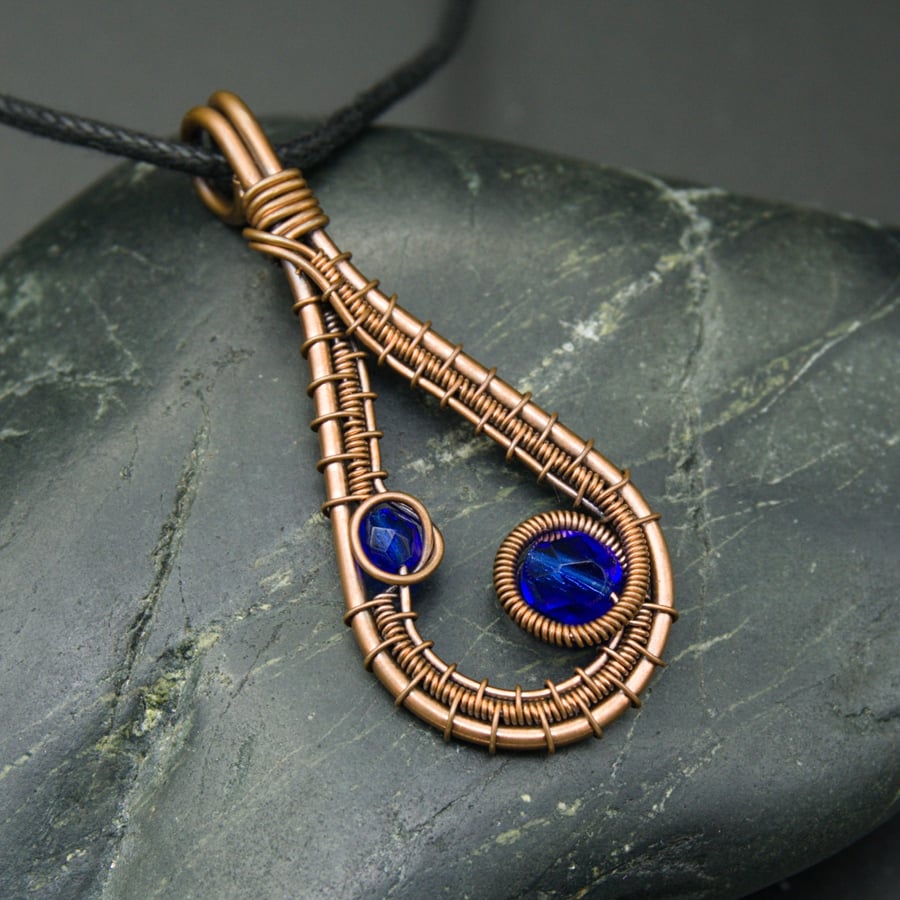 Copper Wire Weave Drop Pendant with Blue Beads