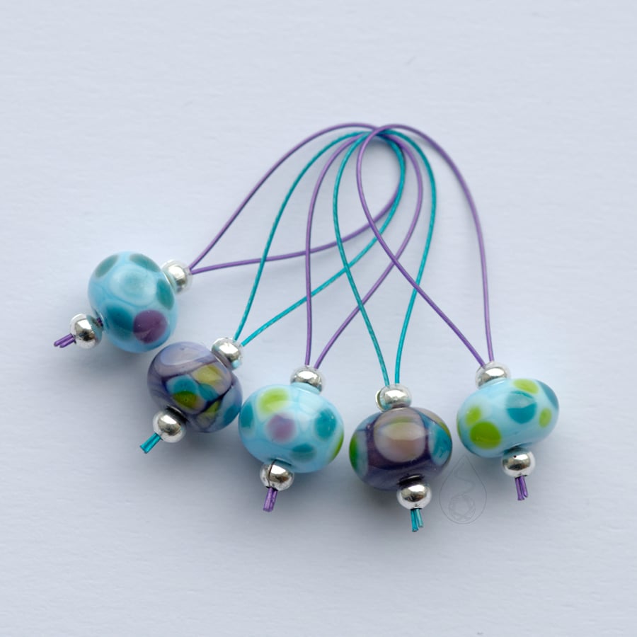 Lampwork Stitch Markers - Purple Turquoise Pop