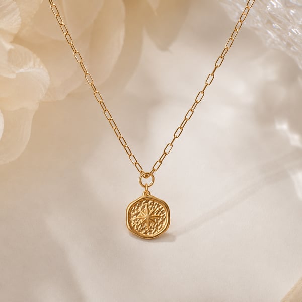 Gold Paperclip Necklace Compass Charm Stainless Steel Waterproof
