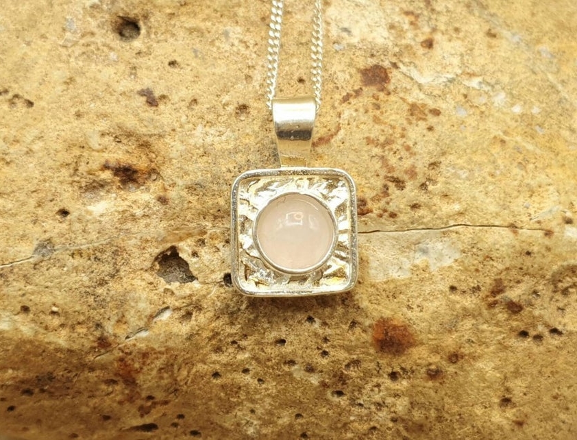Tiny Square Rose Quartz necklace. January Birthstone 