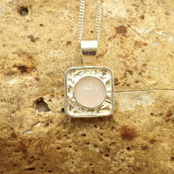 Tiny Square Rose Quartz necklace. January Birthstone 