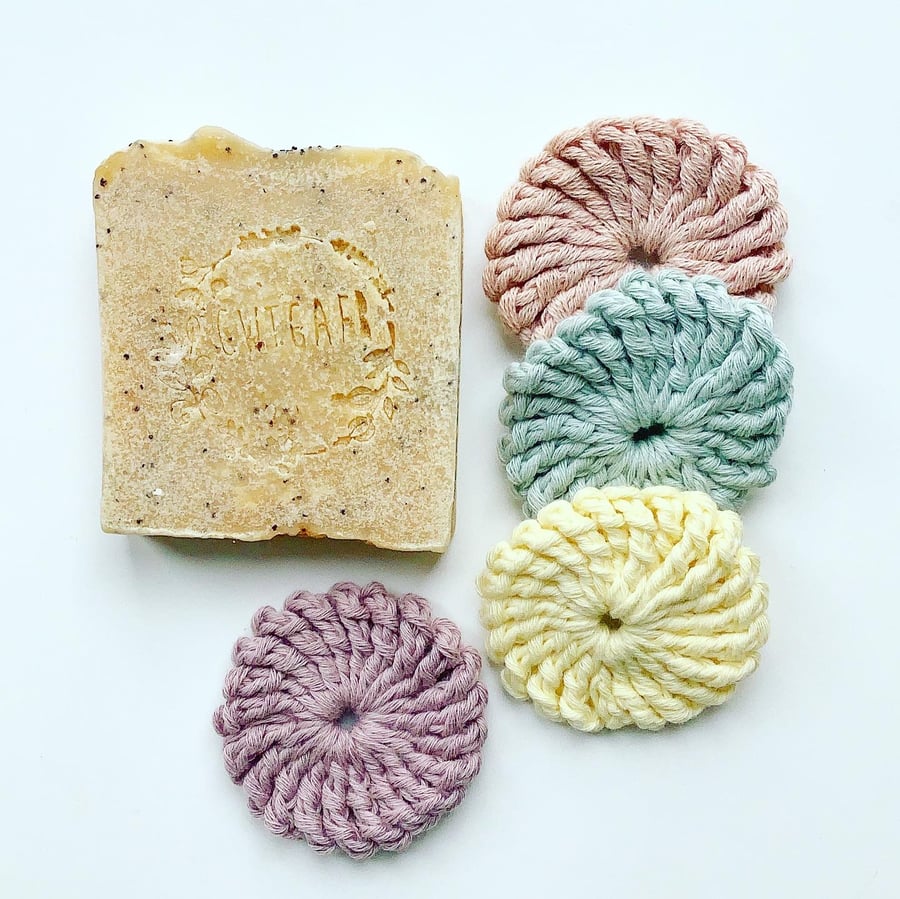 Crochet face scrubbies, pack of four, pastel organic cotton pads