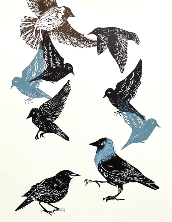 Jackdaws and Starlings - Lino Cut