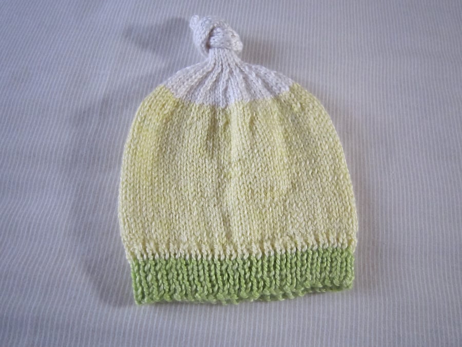 Hand Knitted Lemon & White Baby Pixie Hat