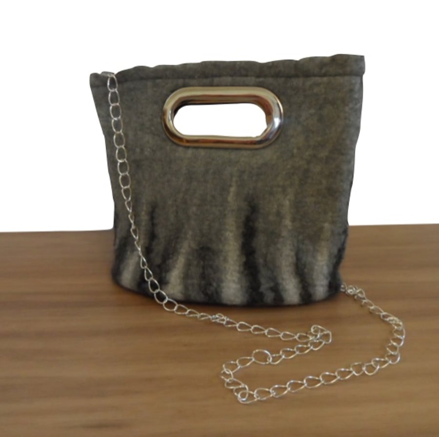 Felted handbag, grey with black and white decoration and silver handles