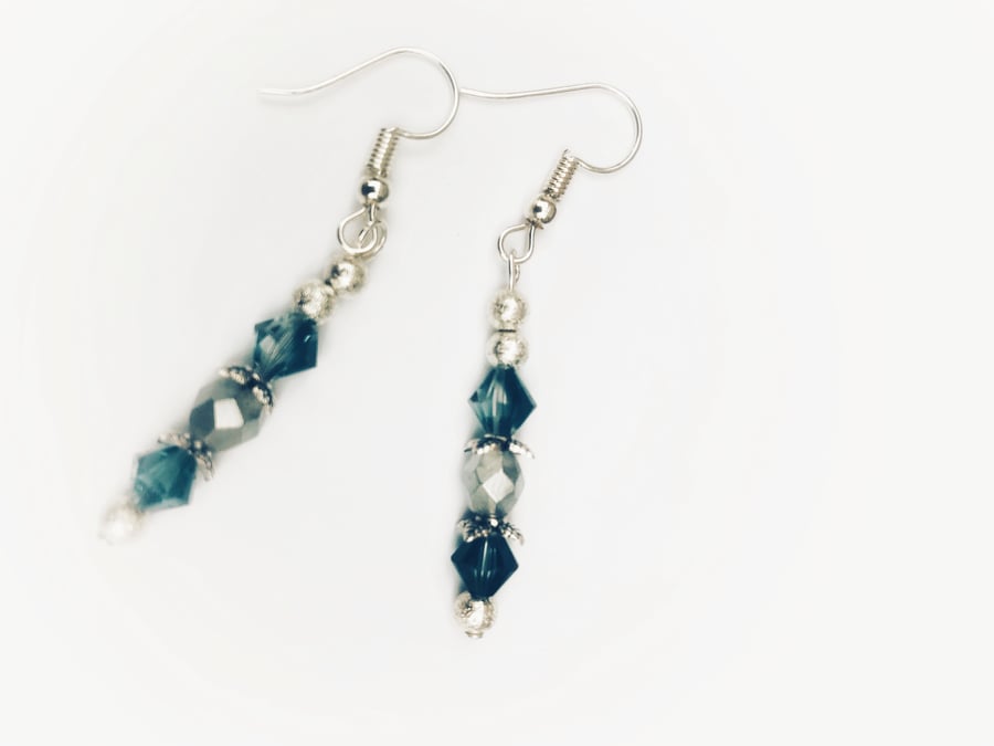 Silver and blue glass and swarovski glass bead earrings 