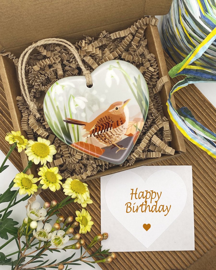 Wren & Snowdrops Heart - British Bird Hanging Decoration & Keepsake Gift