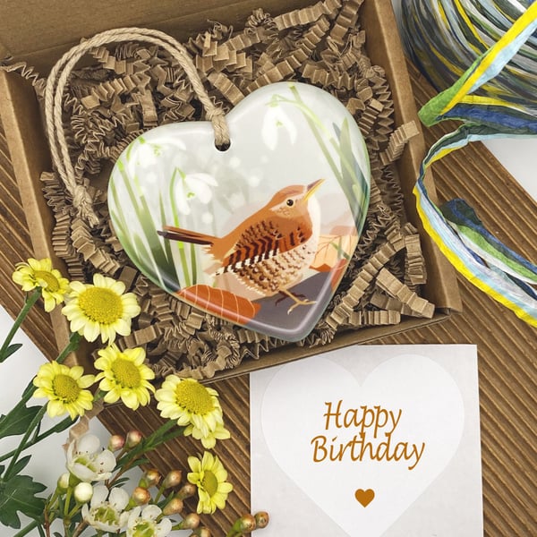 Wren & Snowdrops Heart - British Bird Hanging Decoration & Keepsake Gift