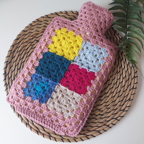  Crochet Hot Water Bottle Cover Patchwork Rose Pink