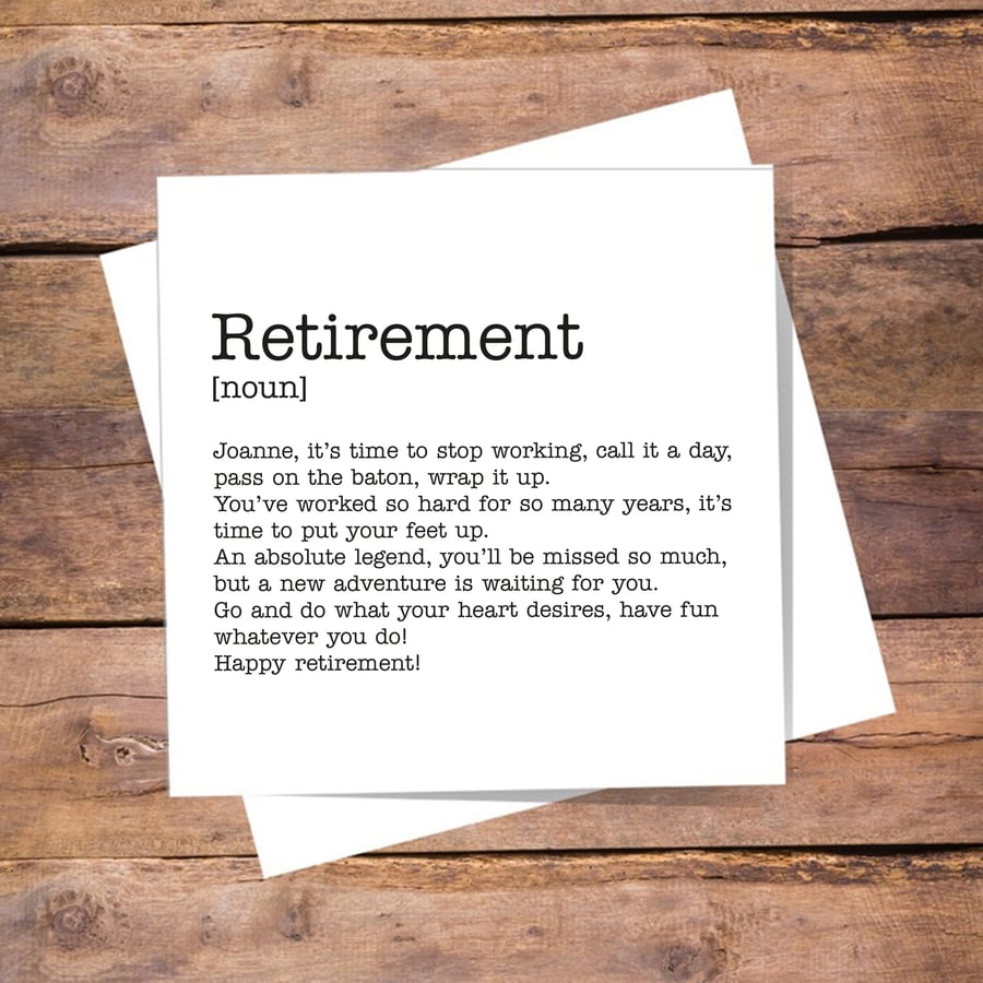 Retirement Personalised Definition Card - Work colleague, Leaving. Free delivery