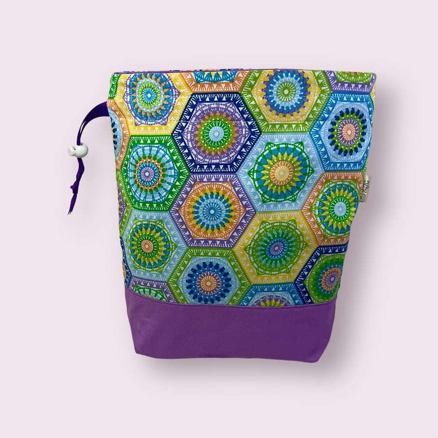 two at a time knitting bag with floral crochet print, drawstring divided pouch, 