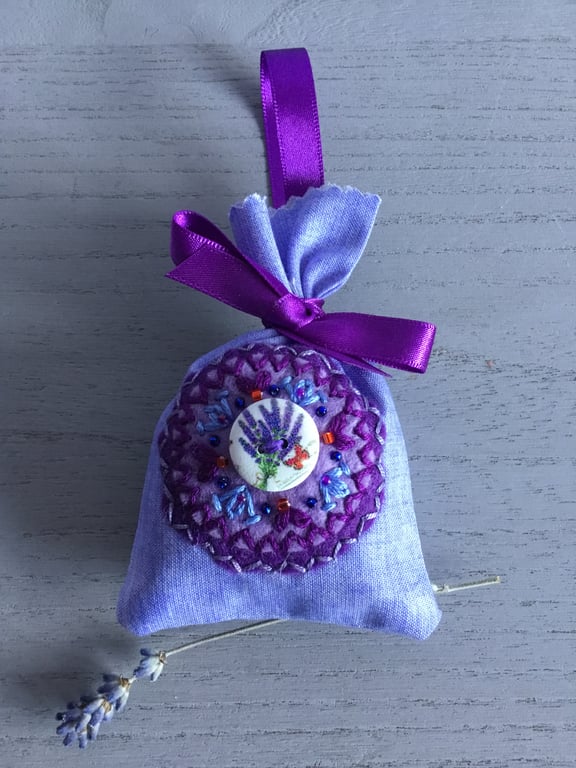 Hand Embroidered Lavender Blue Lavender Bag 