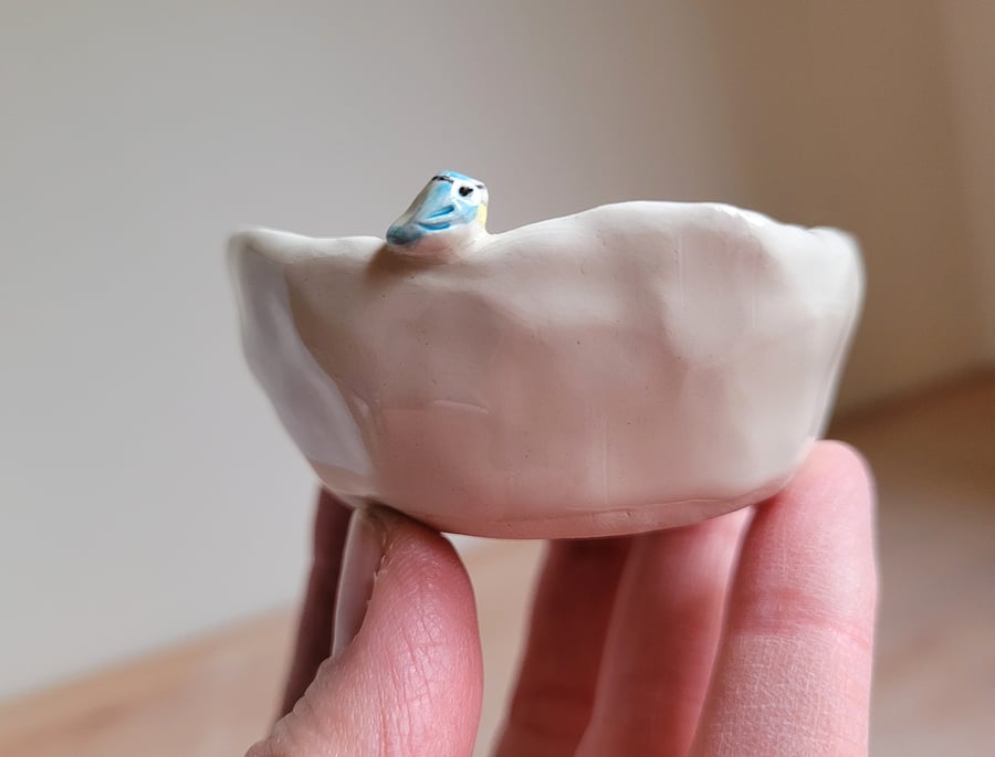 Handmade bluetit tealight wth birdprints ceramic bird candle holder