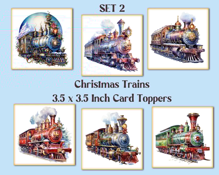 Christmas Trains Square Card Toppers for Card Making, Journals, Tags, Scrapbooks