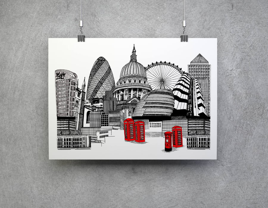 London Skyline Unframed Fine Art Print- A4 or A3 size- Free UK Shipping